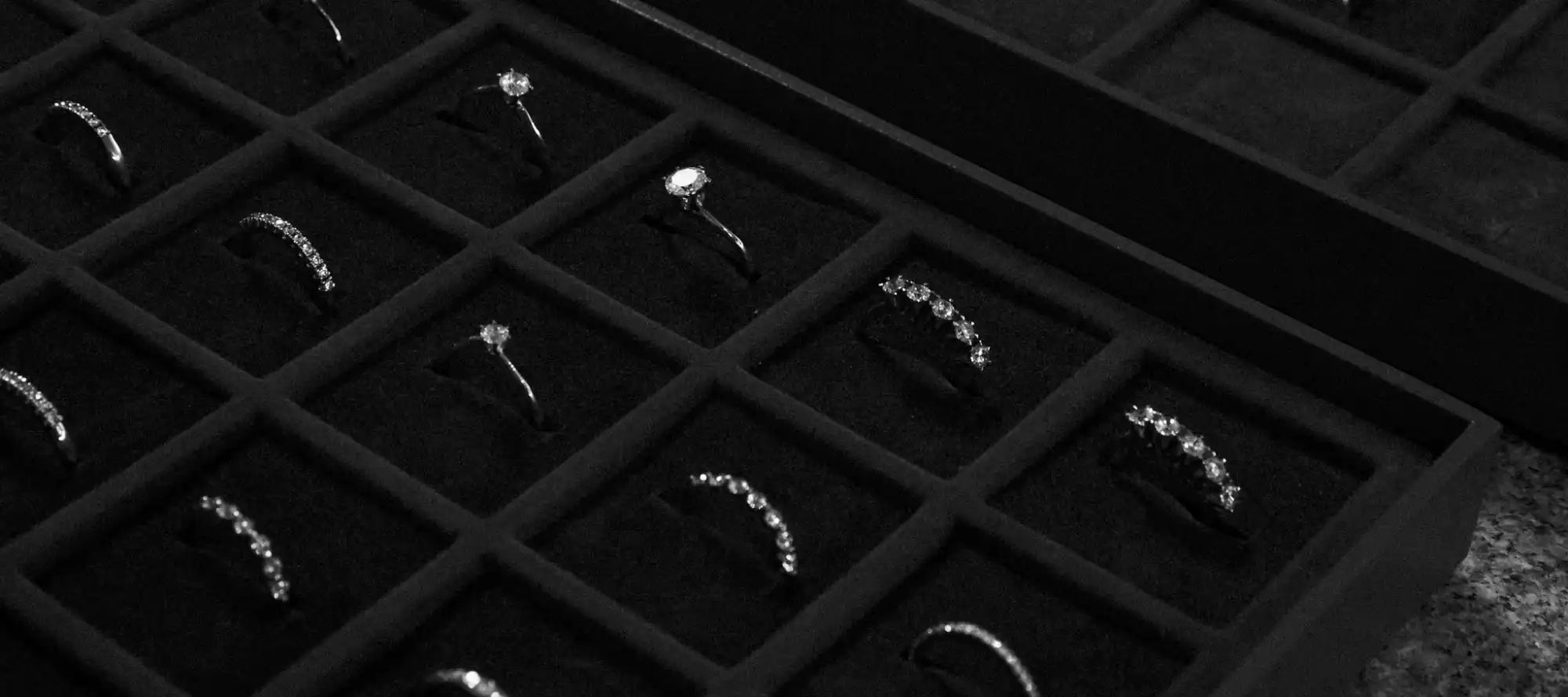 Rings displayed in a jewelry case.