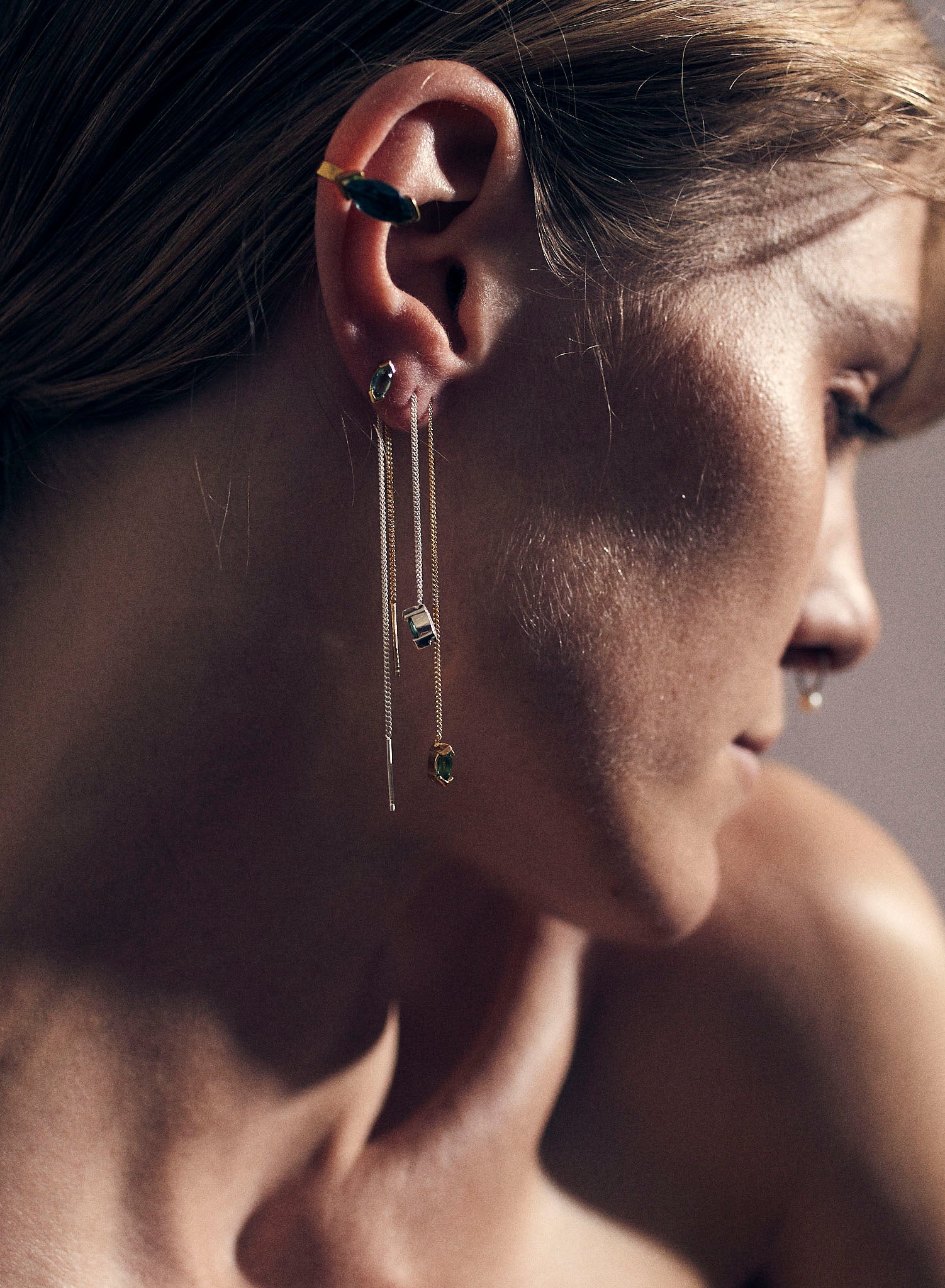 Warped Marquis Chain Earring - Green - Sample - 1